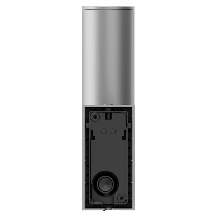 EZVIZ Überwachungskamera EL3 2560 × 1440 mit Beleuchtung - Weiß, Erfassungsreichweite: 15 m - Silbernes Smart Lock außen und sein schwarzer interner Montagemchanismus mit Lautsprecher/Sensor.