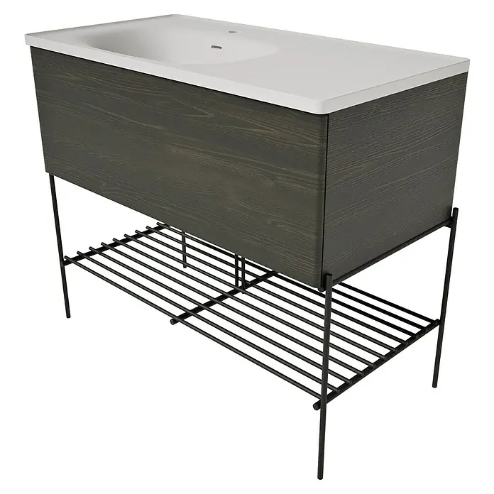 VitrA Equal Badmöbel-Set - Gesamtbreite Badmöbel: 103 cm, Steingrau/Ulme, Matt, 3 -tlg., Mit Gestell und Schublade - Dunkler Holz-Waschtisch mit weißem Waschbecken und schwarzem Metallrahmen mit unterer Lattenablage.