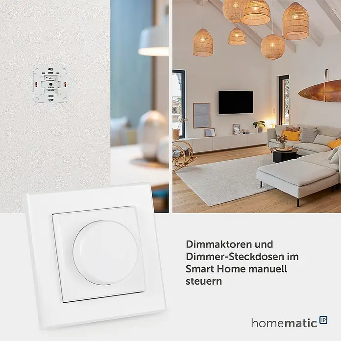Homematic IP Funk-Wandtaster HmIP-WRCR - Weiß, Batteriebetrieben, 29 x 86 x 86 mm - Weißer Smart-Home-Dimmer und -Modul zur manuellen Lichtsteuerung, im Hintergrund ein modernes Wohnzimmer.