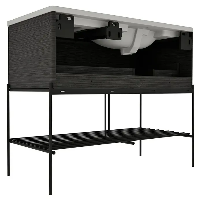 VitrA Equal Badmöbel-Set - Gesamtbreite Badmöbel: 103 cm, Steingrau/Schwarz-Eiche, Matt, 3 -tlg., Mit Gestell und Schublade - Dunkelgrauer Waschtischunterschrank in Holzoptik mit weißem Waschbecken, gestützt von einem schwarzen Metallrahmen und Lamellenregal.