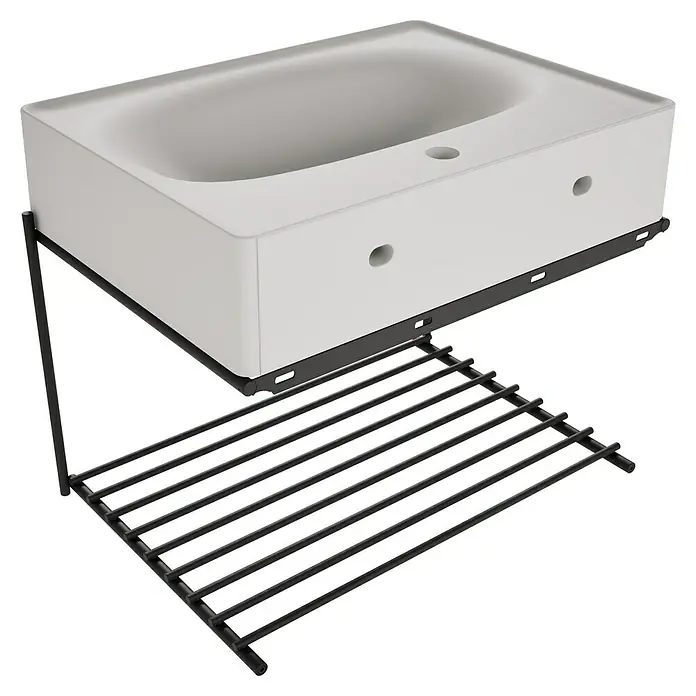 VitrA Equal Badmöbel-Set - Gesamtbreite Badmöbel: 62 cm, Steingrau/Schwarz, Matt, 2 -tlg. - Weißes wandhängendes Waschbecken mit integriertem schwarzem Metall-Handtuchhalter/-ablage.