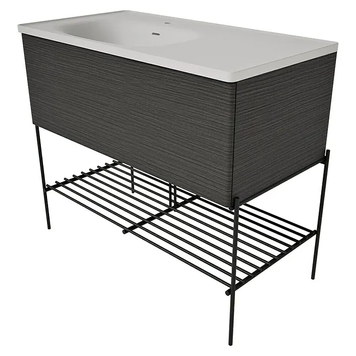 VitrA Equal Badmöbel-Set - Gesamtbreite Badmöbel: 103 cm, Steingrau/Schwarz-Eiche, Matt, 3 -tlg., Mit Gestell und Schublade - Moderner Waschtischunterschrank in Dunkelgrau mit Holzmaserung, weißem rechteckigem Waschbecken und schwarzem Metallgestell mit Lattenablage.