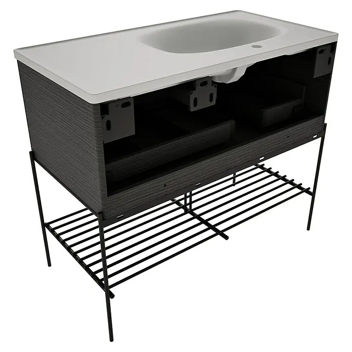 VitrA Equal Badmöbel-Set - Gesamtbreite Badmöbel: 103 cm, Steingrau/Schwarz-Eiche, Matt, 3 -tlg., Mit Gestell und Schublade - Dunkler Badunterschrank in Holzoptik mit weißem Waschbecken, auf schwarzem Metallgestell mit offener Lattenablage.