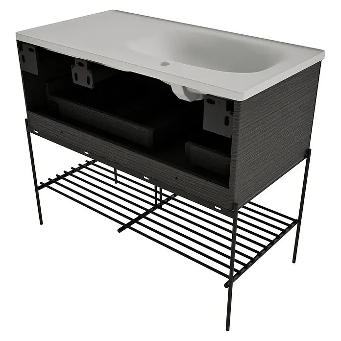 VitrA Equal Badmöbel-Set - Gesamtbreite Badmöbel: 103 cm, Steingrau/Schwarz-Eiche, Matt, 3 -tlg., Mit Gestell und Schublade - Weißes Keramikwaschbecken auf einem dunkelgrauen Holzmaserungs-Waschtischunterschrank mit offenem schwarzem Metallrahmen und unterem Lattenregal.