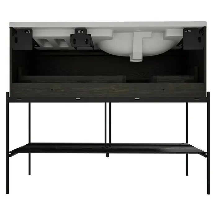 VitrA Equal Badmöbel-Set - Gesamtbreite Badmöbel: 103 cm, Steingrau/Ulme, Matt, 3 -tlg., Mit Gestell und Schublade - Unterseite eines Waschtischunterschranks mit weißem Waschbecken, dunklem Holzschrank und schwarzem Metallgestell.
