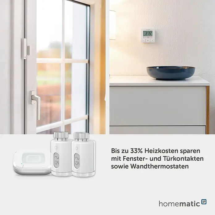 Homematic IP Starter-Set 2x Heizkörperthermostat Pure mit Access Point 2 HmIP-SK28 - Weiß - Weiße Smart-Home-Heizungssteuerung: Fenster-/Türkontakt, Wandthermostat (21,5 °C), zwei Heizkörperthermostate und ein Gateway. Zum Energiesparen.