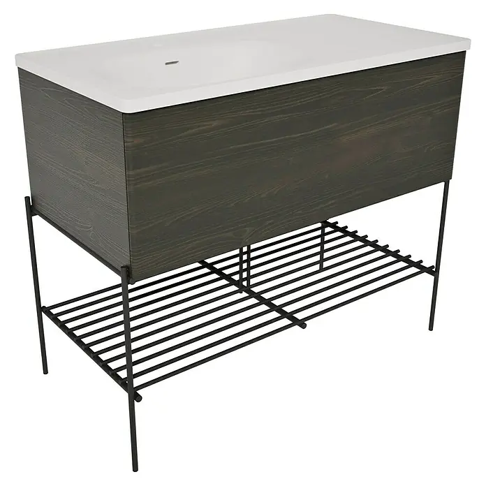 VitrA Equal Badmöbel-Set - Gesamtbreite Badmöbel: 103 cm, Steingrau/Ulme, Matt, 3 -tlg., Mit Gestell und Schublade - Moderner Waschtisch mit weißem Waschbecken, dunklem Holzschrank und schwarzem Metallgestell mit Lamellenablage.