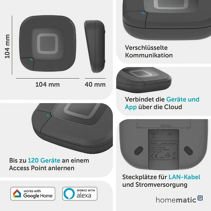 Homematic IP Steuerzentrale Access Point 2 - Anthrazit, L x B x H: 10,4 x 10,4 x 4 cm - Dunkelgrauer, quadratischer Homematic IP Access Point (Smart-Home-Zentrale). Mit LAN-/Stromanschlüssen für bis zu 120 Geräte.
