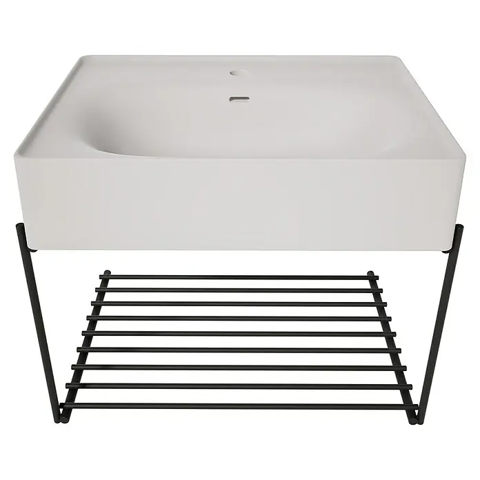 VitrA Equal Badmöbel-Set - Gesamtbreite Badmöbel: 62 cm, Steingrau/Schwarz, Matt, 2 -tlg. - Weißes, rechteckiges Waschbecken mit schwarzem Metallgestell und unterer Lattenablage.