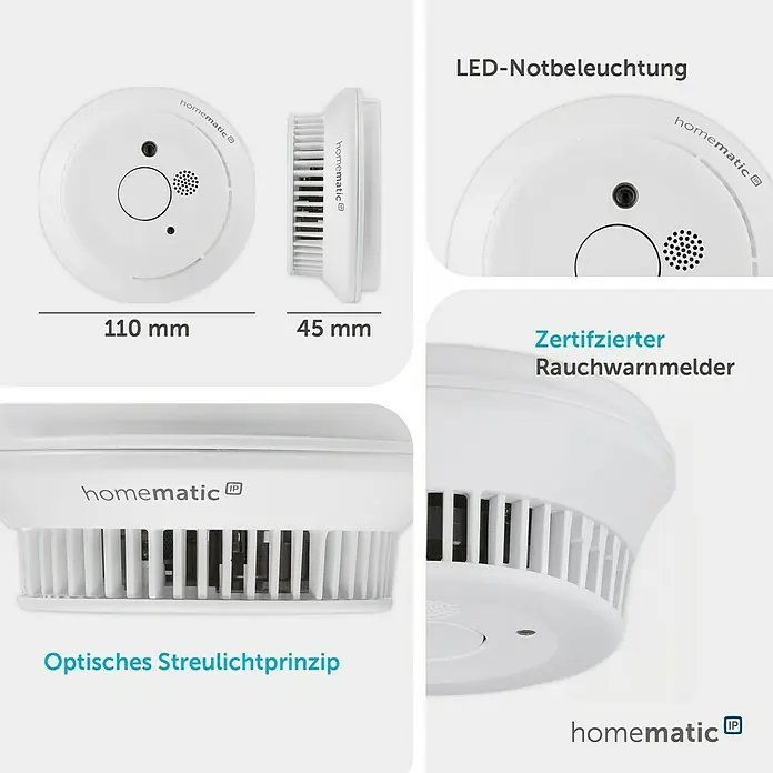 Homematic IP Rauchwarnmelder mit Q-Label - Durchmesser: 11,5 cm, Batterielaufzeit: 10 Jahre, Alarmsignal: 85 dB - Weißer, zertifizierter Homematic IP Rauchwarnmelder mit LED-Notbeleuchtung.