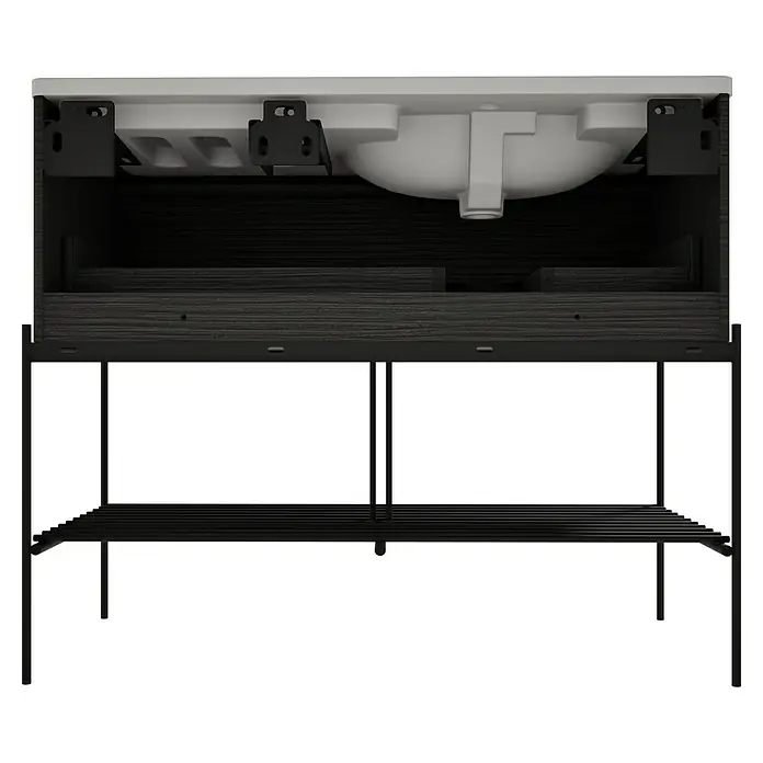 VitrA Equal Badmöbel-Set - Gesamtbreite Badmöbel: 103 cm, Steingrau/Schwarz-Eiche, Matt, 3 -tlg., Mit Gestell und Schublade - Rückansicht eines modernen Badwaschtisches: weißes Waschbecken, dunkler Holzschrank, schwarzes Metallgestell mit Lamellenablage.