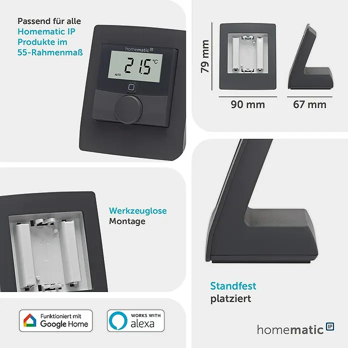Homematic IP Halterung Tischaufsteller HmIP-DS55-A - Batteriebetrieben, 7,9 x 9 x 6,7 cm, Anthrazit - Dunkelgraues Homematic IP Steuergerät mit Digitalanzeige (21.5°C), passend für 55-Rahmen-Produkte und stabil aufgestellt.