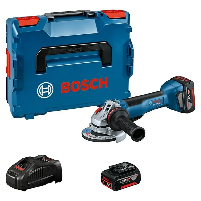 Bosch Professional AMPShare 18V Akku-Winkelschleifer GWS 18V-10 P PRO - 2 Akkus, Durchmesser Scheibe: 125 mm - Blaues Bosch Akku-Winkelschleifer-Set mit Schleifer, Akku, Ladegerät und Koffer.