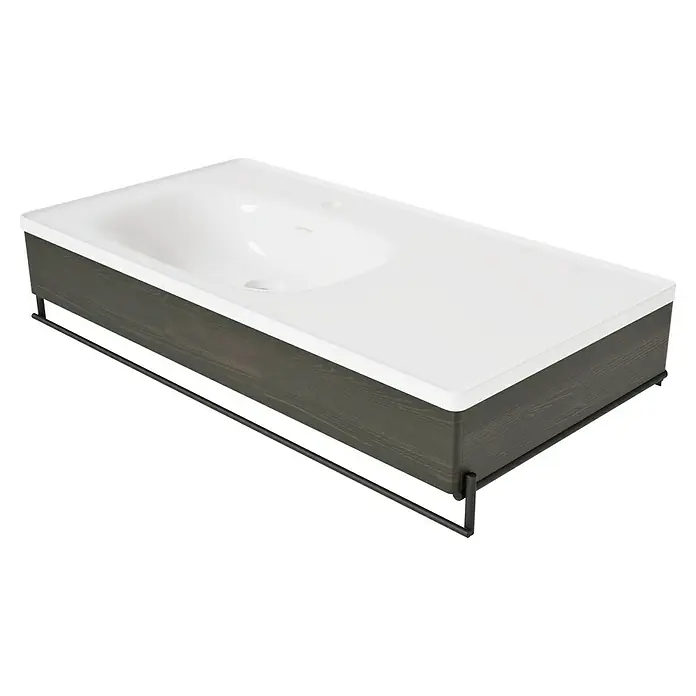 VitrA Equal Badmöbel-Set - Gesamtbreite Badmöbel: 103 cm, Weiß/Ulme, Glänzend, 3 -tlg., Mit Handtuchhalter - Weißes Keramik-Badezimmerwaschtisch mit dunklem Holz-Effekt-Schrank und integriertem schwarzen Metallhandtuchhalter.