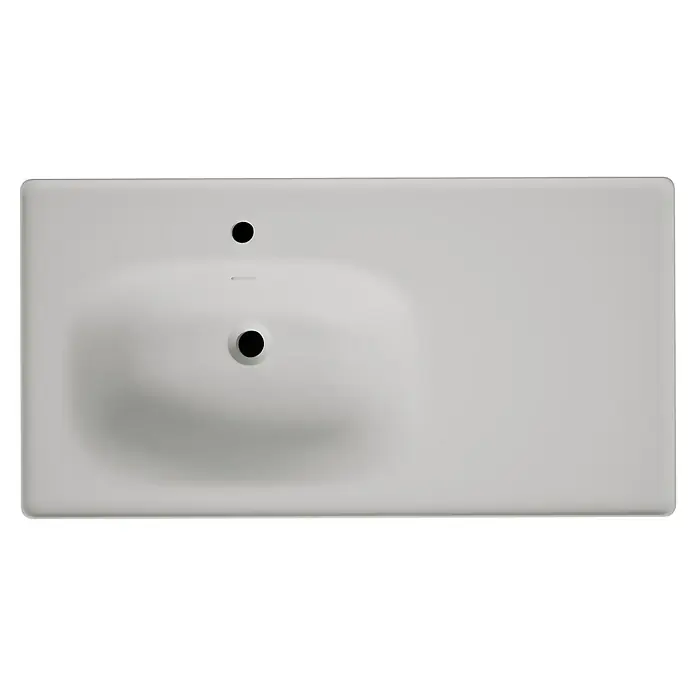 VitrA Equal Badmöbel-Set - Gesamtbreite Badmöbel: 103 cm, Steingrau/Schwarz-Eiche, Matt, 3 -tlg., Mit Gestell und Schublade - Weißes rechteckiges Keramik-Waschbecken, von oben gesehen, mit Hahnloch, Ablauf und Überlaufschlitz.