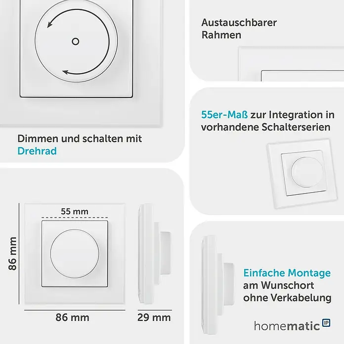 Homematic IP Funk-Wandtaster HmIP-WRCR - Weiß, Batteriebetrieben, 29 x 86 x 86 mm - Weißer Dimmschalter mit Drehrad zum Dimmen und Schalten, für die Integration in Schalterserien, einfache Montage ohne Verkabelung.