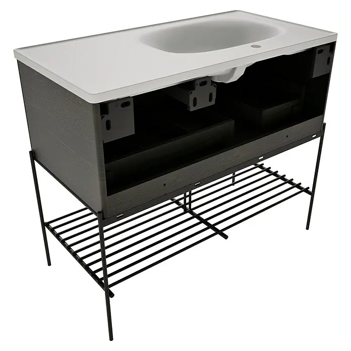 VitrA Equal Badmöbel-Set - Gesamtbreite Badmöbel: 103 cm, Steingrau/Ulme, Matt, 3 -tlg., Mit Gestell und Schublade - Weißes Waschbecken und dunkler Waschtischunterschrank auf schwarzem Metallgestell mit Lattenablage.