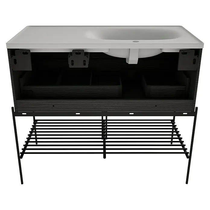 VitrA Equal Badmöbel-Set - Gesamtbreite Badmöbel: 103 cm, Steingrau/Schwarz-Eiche, Matt, 3 -tlg., Mit Gestell und Schublade - Waschtischunterschrank mit weißem Keramikbecken, dunklem Holzschrank und schwarzem Metallgestell mit Lattenrost. Innenansicht.