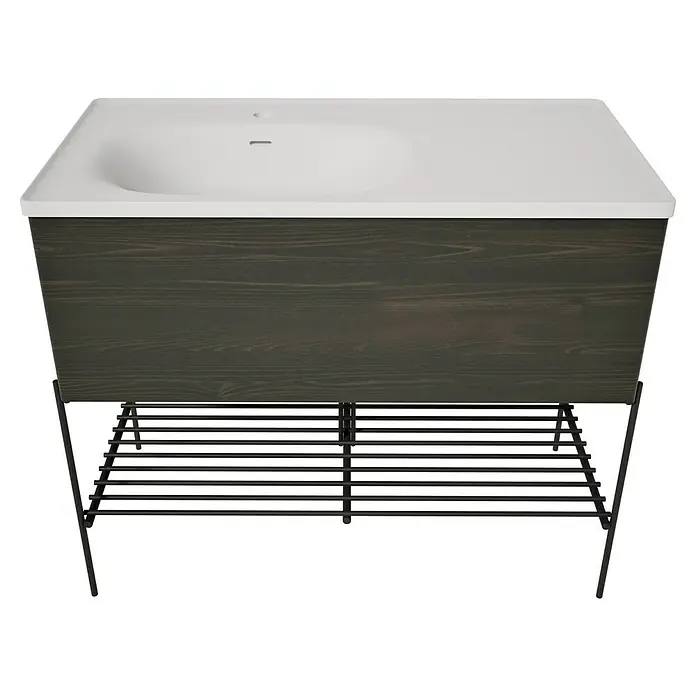 VitrA Equal Badmöbel-Set - Gesamtbreite Badmöbel: 103 cm, Steingrau/Ulme, Matt, 3 -tlg., Mit Gestell und Schublade - Badezimmermöbel mit weißem Waschbecken, dunklem Holzschrank und schwarzem Metallrost auf Beinen.