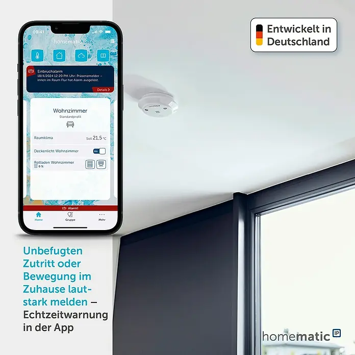Homematic IP Alarmsirene HmIP-ASIR-2 - Batteriebetrieben, Alarmsignal: 90 dB, Ø x H: 12,4 x 4,5 cm - Homematic IP Smart Home App auf Smartphone zeigt Einbruchalarm von Deckensensor und Smart Home Steuerung.