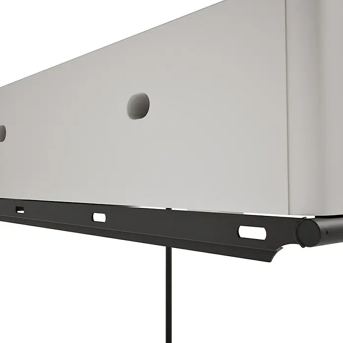 VitrA Equal Badmöbel-Set - Gesamtbreite Badmöbel: 62 cm, Steingrau/Schwarz, Matt, 2 -tlg. - Weißes rechteckiges Gehäuse mit runden Aussparungen und schwarzer Metallmontageschiene, an schwarzer Stange hängend.