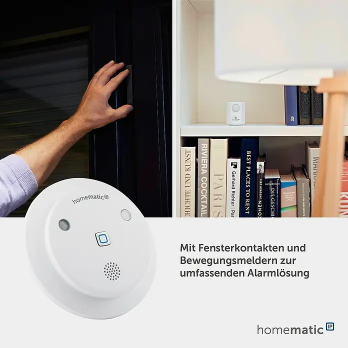 Homematic IP Alarmsirene HmIP-ASIR-2 - Batteriebetrieben, Alarmsignal: 90 dB, Ø x H: 12,4 x 4,5 cm - Homematic IP Fensterkontakt an Tür, Bewegungsmelder im Regal und Alarmsirene für umfassende Alarmlösung.