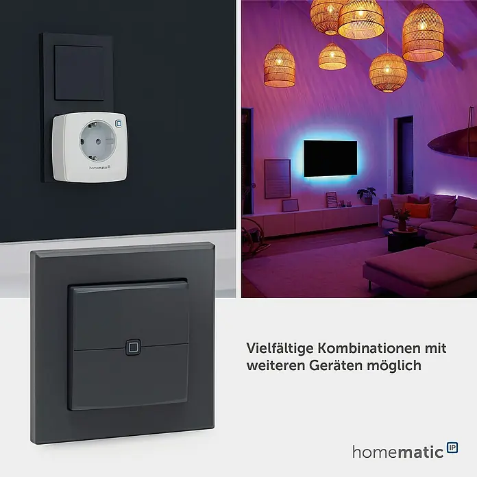 Homematic IP Funk-Wandtaster HmIP-WRC2-A-2 - 2-fach, Batteriebetrieben, 19 x 86 x 86 mm, Anthrazit - Homematic IP Smart-Home-Geräte: ein weißer Smart Plug, ein dunkelgrauer Smart Switch und ein Wohnzimmer mit lila Umgebungsbeleuchtung.