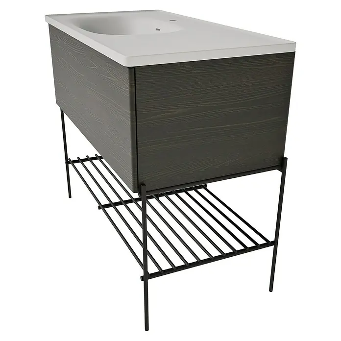 VitrA Equal Badmöbel-Set - Gesamtbreite Badmöbel: 103 cm, Steingrau/Ulme, Matt, 3 -tlg., Mit Gestell und Schublade - Dunkelbrauner Badunterschrank mit weißem Waschbecken auf schwarzem Metallgestell mit Lamellenablage.
