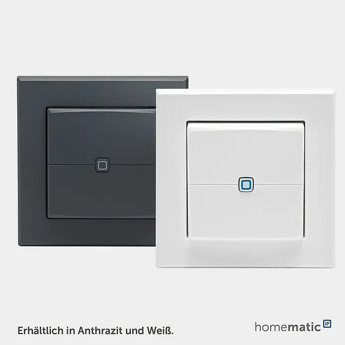 Homematic IP Funk-Wandtaster HmIP-WRC2-A-2 - 2-fach, Batteriebetrieben, 19 x 86 x 86 mm, Anthrazit - Zwei Smart-Wipptaster, anthrazit und weiß, jeweils mit einer mittigen quadratischen LED-Anzeige.