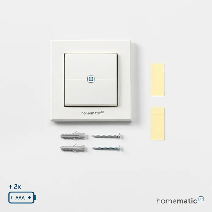 Homematic IP Funk-Wandtaster HmIP-WRC2-2 - 2-fach, Batteriebetrieben, 19 x 86 x 86 mm, Weiß - Weißer Smart Home Wandschalter mit blauer Anzeige, inkl. Schrauben, Dübeln, Klebestreifen und Grafik für 2x AAA Batterien.