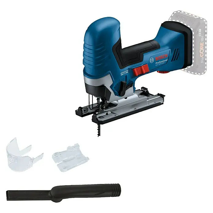 Bosch Professional AMPShare 18V Akku-Stichsäge GST 18V-125 S PRO SOLO - 18 V, Ohne Akku, 500 /min - 3.500 /min - Blaue Bosch Professional Akku-Stichsäge mit abgenommenem Akku und durchsichtigen Kunststoff- und schwarzen Zubehörteilen.