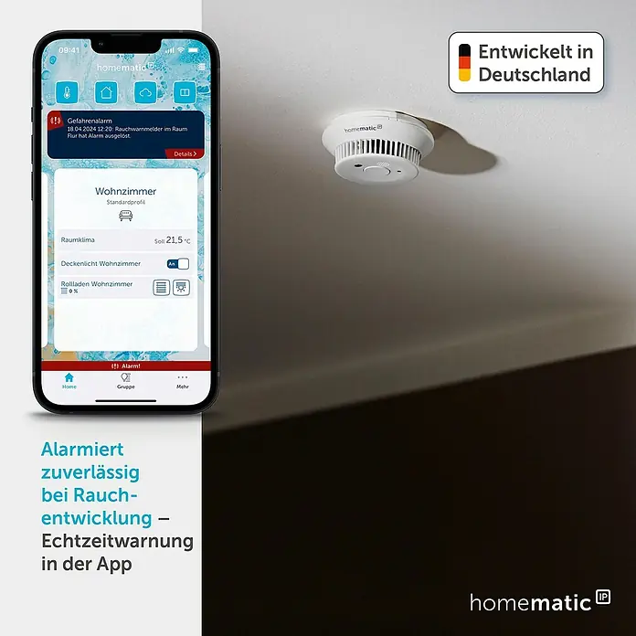Homematic IP Rauchwarnmelder mit Q-Label - Durchmesser: 11,5 cm, Batterielaufzeit: 10 Jahre, Alarmsignal: 85 dB - Weißer smarter Rauchmelder an der Decke mit App-Benachrichtigung für Echtzeitwarnung.
