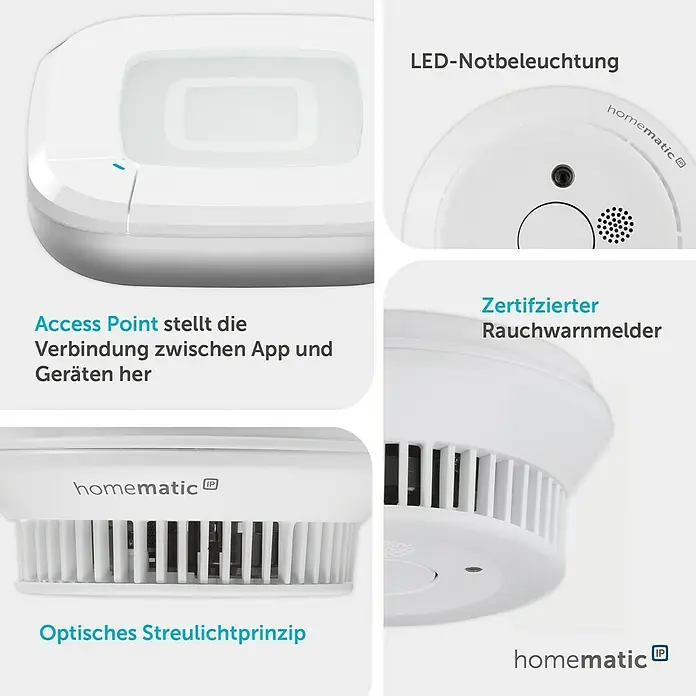 Homematic IP Starter-Set 2x Rauchmelder mit Access Point 2 HmIP-SK27 - Weiß - Weiße Homematic IP Smart Home Geräte: Ein Access Point und ein zertifizierter Rauchwarnmelder mit optischem Streulichtprinzip.