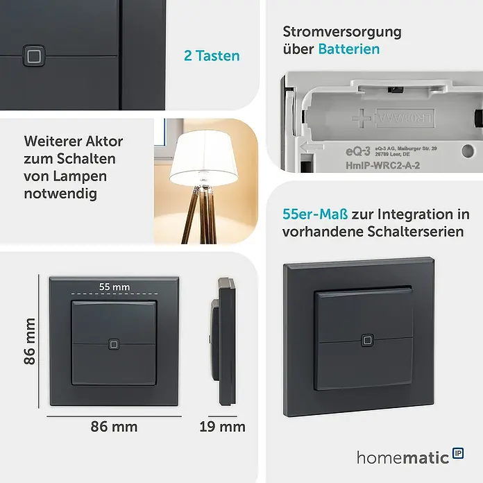 Homematic IP Funk-Wandtaster HmIP-WRC2-A-2 - 2-fach, Batteriebetrieben, 19 x 86 x 86 mm, Anthrazit - Anthrazitfarbener Funk-Wandtaster mit zwei Tasten, batteriebetrieben. 86x86x19mm, 55mm Modul für bestehende Schalterserien.