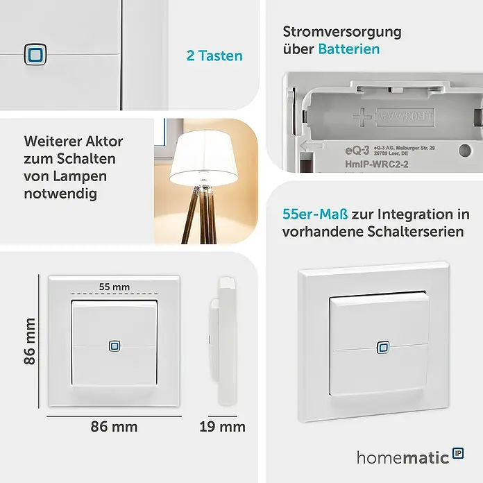 Homematic IP Funk-Wandtaster HmIP-WRC2-2 - 2-fach, Batteriebetrieben, 19 x 86 x 86 mm, Weiß - Weißer Homematic IP Funk-Wandtaster mit zwei Tasten, batteriebetrieben, 55mm Standardgröße. Maße: 86x86x19mm.