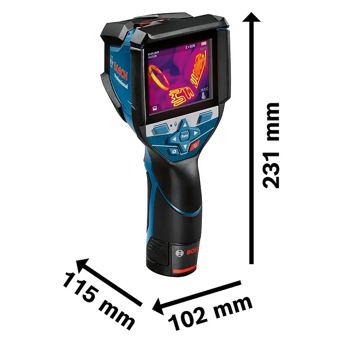 Bosch Professional Wärmebildkamera GTC 600 C PRO - Messbereich Temperatur: -20 °C - 600 °C - Schwarze und blaue Bosch Professional Wärmebildkamera zeigt ein farbiges Wärmebild, Maße 231mm H, 115mm T, 102mm B.