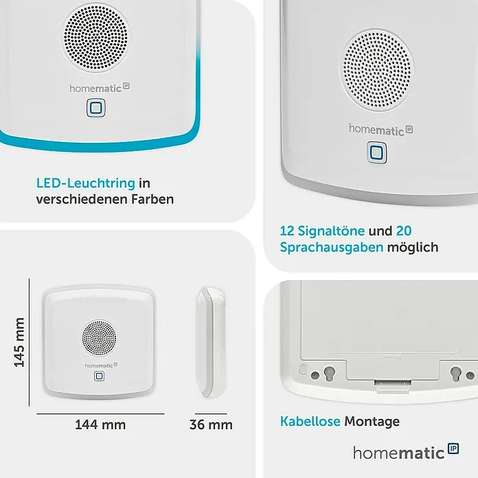 Homematic IP Bewegungsmelder Kombisignalgeber - Weiß, L x B x H: 18,4 x 18,7 x 9,7 cm - Weiße Smart-Home-Sirene mit Lautsprecher, blauem LED-Ring und Taste. Bietet 12 Töne und 20 Sprachausgaben. Maße: 144x145x36 mm.