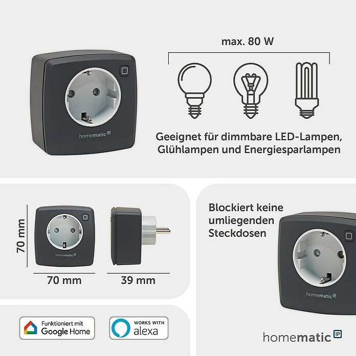Homematic IP Funksteckdose Phasenabschnittdimmer HmIP-PDT-A (Anthrazit, 230 V) | BAUHAUS