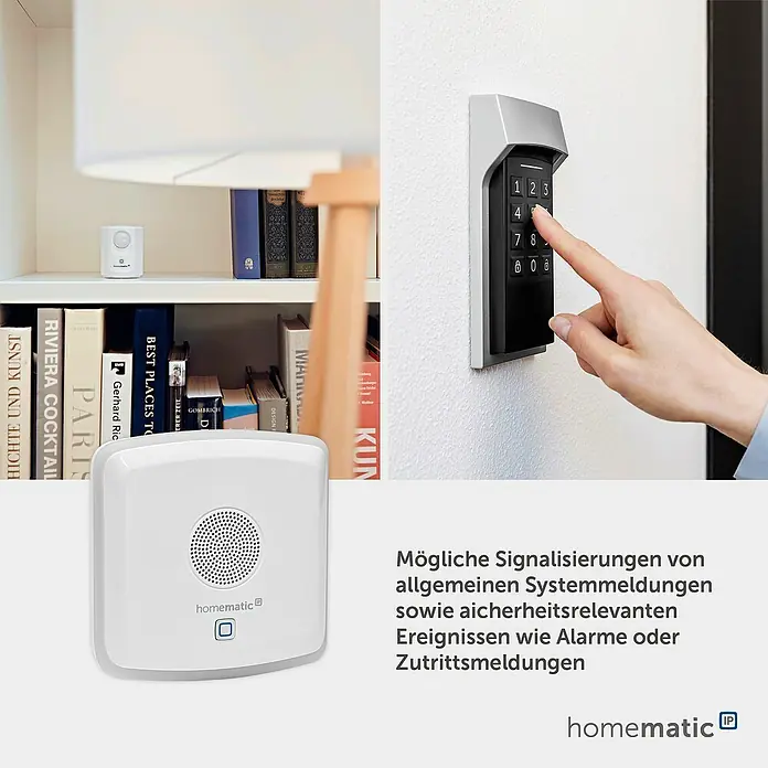 Homematic IP Bewegungsmelder Kombisignalgeber - Weiß, L x B x H: 18,4 x 18,7 x 9,7 cm - Weiße Homematic IP Signalgeber und Bewegungsmelder in Wohnumgebung, mit Tastatur zur Bedienung eines Sicherheitssystems.
