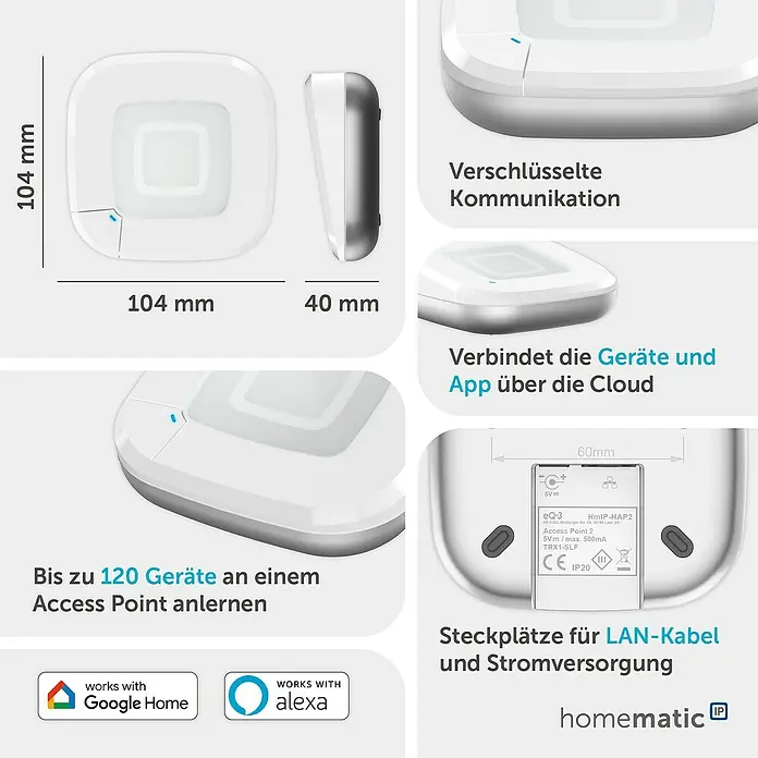 Homematic IP Steuerzentrale Access Point 2 - Weiß, L x B x H: 10,4 x 10,4 x 4 cm - Weißer, quadratischer Smart-Home-Access-Point mit abgerundeten Ecken, zeigt Maße, Anschlüsse und Konnektivitätslogos.