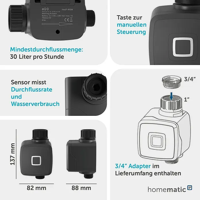 Homematic IP Bewässerungsautomat HmIP-WSM - Betriebsdruck: 0,9 bar - 9 bar, Durchflusssensor: 2 - 45 L/min - Dunkelgrauer Bewässerungsaktor mit manuellem Knopf, der Durchflussrate und Wasserverbrauch misst. Ein 3/4"-Adapter ist enthalten.