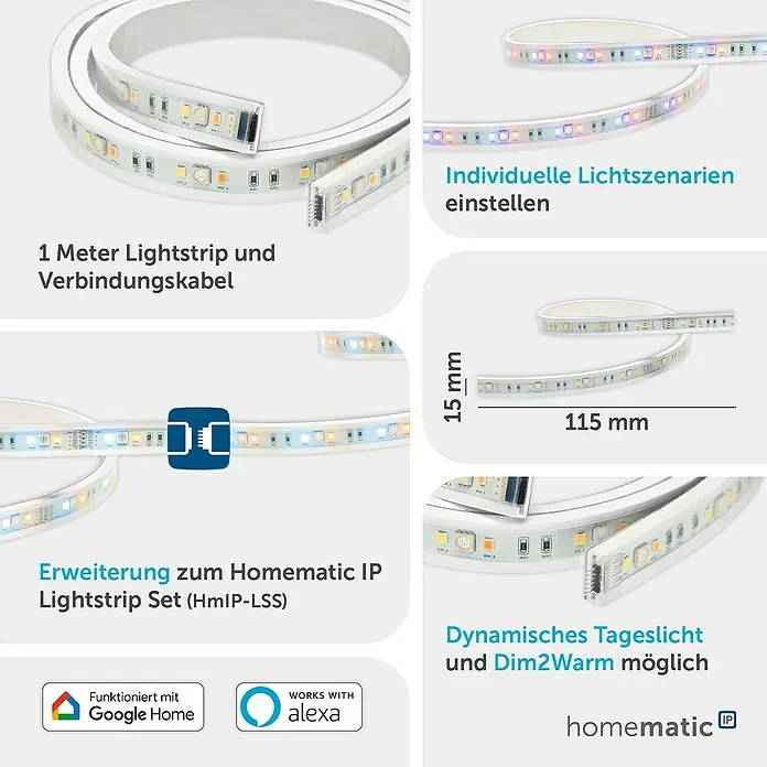 Homematic IP LED-Stripes Verlängerung - Länge: 1 m, RGBW, 24 W - Weißer Homematic IP LED Lichtstreifen mit Mehrfarb- und dimmbaren Warm/Kaltweiß-LEDs, mit Verbindern und Kabeln.