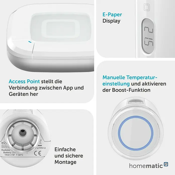 Homematic IP Starter-Set 2x Heizkörperthermostat Pure mit Access Point 2 HmIP-SK28 - Weiß - Ein weißes Smart-Home-Heizsystem mit Access Point, einem Heizkörperthermostat mit E-Paper-Display (21,5) und Boost-Taste.
