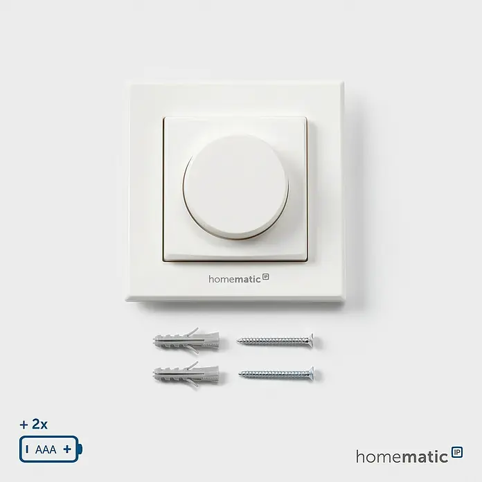 Homematic IP Funk-Wandtaster HmIP-WRCR - Weiß, Batteriebetrieben, 29 x 86 x 86 mm - Weißer Homematic IP Dimmerschalter mit Drehknopf, inkl. zwei Schrauben, zwei Dübeln und benötigt zwei AAA-Batterien.