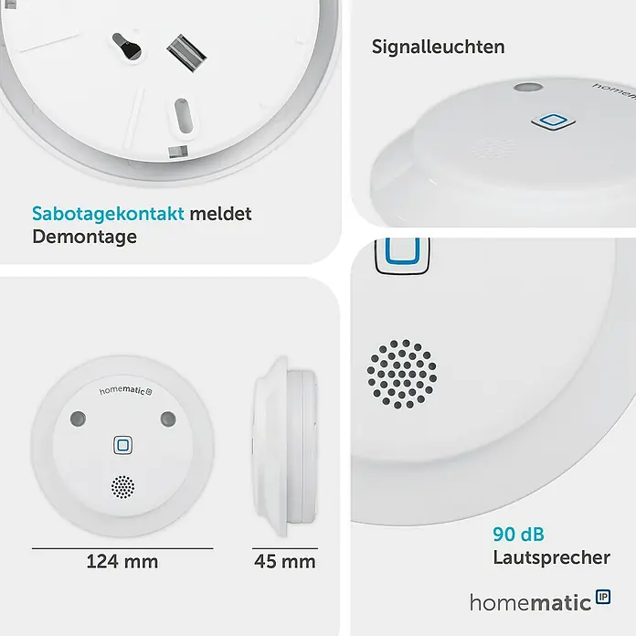 Homematic IP Alarmsirene HmIP-ASIR-2 - Batteriebetrieben, Alarmsignal: 90 dB, Ø x H: 12,4 x 4,5 cm - Weißer Homematic IP Rauchmelder mit 124x45 mm Maßen, Sabotagekontakt, Signalleuchten und 90 dB Lautsprecher.