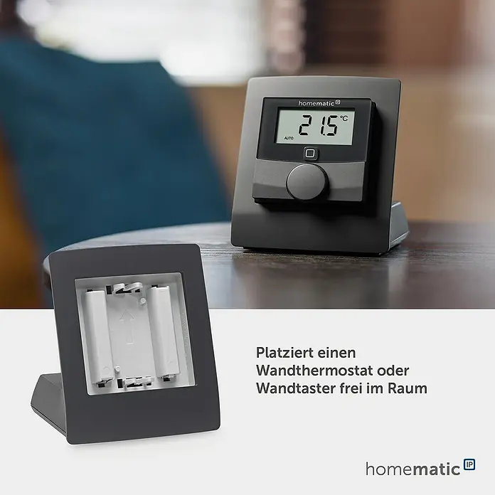 Homematic IP Halterung Tischaufsteller HmIP-DS55-A - Batteriebetrieben, 7,9 x 9 x 6,7 cm, Anthrazit - Dunkelgraues Smart-Thermostat mit 21,5°C Anzeige und separatem Batterieständer für freie Raumplatzierung. Mit Digitaldisplay und Drehknopf.