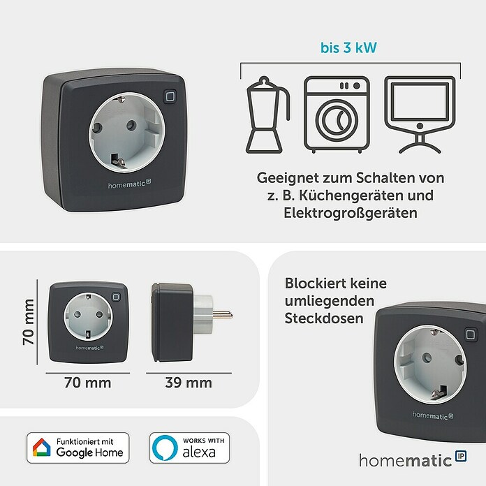 Homematic IP Smart-Steckdose HmIP-PS-2-A (IP20, Anthrazit, 3 680 W, 13 A) | BAUHAUS