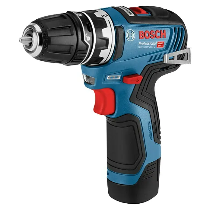 Bosch Professional AMPShare 18V Akku-Bohrschrauber-Set GSR 12V-35 FC - 12 V, 2 Akkus, 35 Nm, 12 -tlg. - Blauer und schwarzer Bosch Professional Akku-Bohrschrauber für schwere Beanspruchung mit roten Akzenten und Metallfutter.