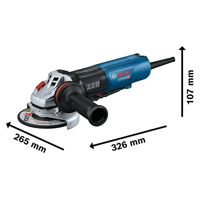 Bosch Professional Elektro-Winkelschleifer GWS 17-125 PSB - 1.700 W, Durchmesser Scheibe: 125 mm, Leerlaufdrehzahl: 2.800 U/min - 11.500 U/min - Blauer und schwarzer Bosch Winkelschleifer mit silbernem Kopf und X-LOCK Scheibe, mit Maßen.