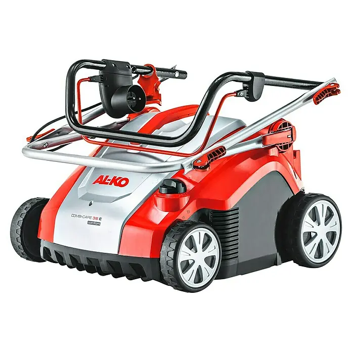 AL-KO Elektro-Vertikutierer-Lüfter Combi Care 36 E Comfort - 1.500 W, Arbeitsbreite: 36 cm - Der AL-KO Combi-Care 36 E Vertikutierer, ein Rasenpflegegerät mit rot-silbernem Gehäuse und Griff, ideal für die Rasenlüftung.